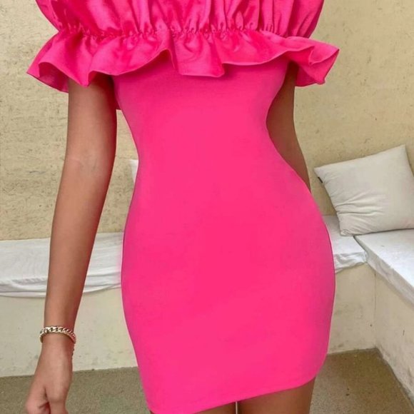 Pink Statement Ruffle Detail of the shoulder Bodycon Mini Dress - Picture 6 of 11